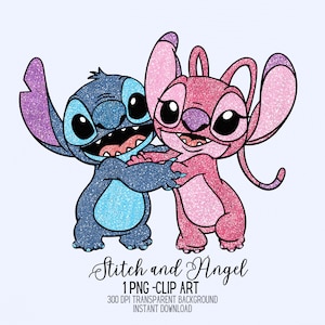 Clipart Stitch et Ange Kawaii Glitter, PNG transparent 300 DPI, Art numérique pour sublimation, Invitations, Autocollants, Stitch PNG, Ange