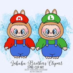 Labubu Brothers Clipart, Süße Labubu Figuren in Videospielkostümen PNG, Hochauflösender digitaler Download, Labubu PNG, Labubu Sublimation