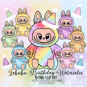 Labubu Birthday Watercolor Clipart, Clipart Labubu de cumpleaño acuarela pastel, fondo transparente, Alta resolución 300 DPI, Kawaii Clipart