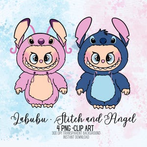 Clipart Labubu, Clipart Stitch, Labubu, Autocollants png, Sublimation Stitch, Autocollants, Scrapbooking, Clipart aquarelle Labubu, Stitch et Angel