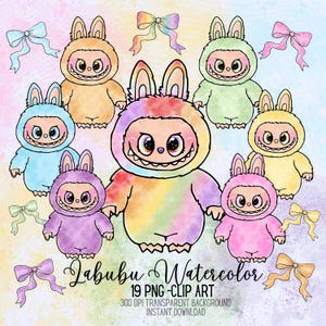 Labubu Acquerello Clipart Kawaii, Labubu PNG, Labubu Coquette, Labubu Pastello Arcobaleno PNG, Labubu Arte Digitale, Sublimazione, Acquerello PNG