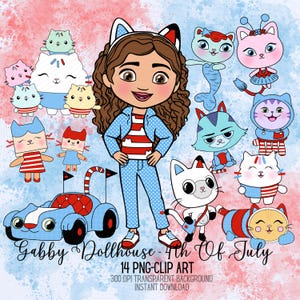Gabby Dollhouse 4th of July Clipart, Patriotic Cats PNG, Red White Blue, Kawaii Clip art, Gabby Dollhouse png, Independence Day PNG, Gabby
