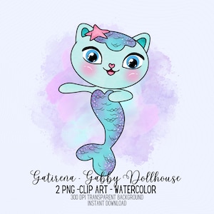 Gabby Dollhouse Watercolor Clipart, Gabby Dollhouse PNG, Gatirena Acuarela PNG, Gatita sirena PNG, Gabby Stickers, Gabby Sublimation, Kawaii