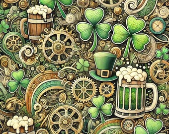 Steampunk St. Patrick's Day Doodle Art – Green Clovers, Beer Mugs, and Gears | 1080x1920 PNG, 300 DPI