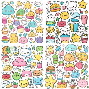 Kawaii Doodle Clipart Set – 4 Transparent PNG Files | 4096x4096 px, 300 DPI | Cute Printable Art | Instant Download