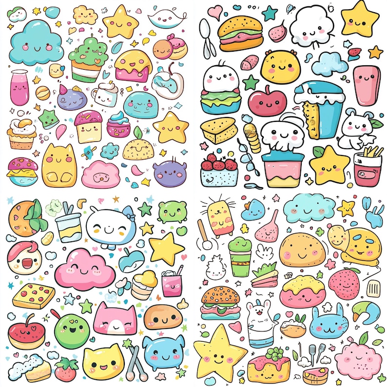Set di clipart kawaii doodle – 4 file PNG trasparenti / 4096x4096 px, 300 DPI / Arte stampabile carina / Download immediato immagine 1