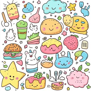 Pu&ograve; includere: Un'illustrazione di doodle colorata con una variet&agrave; di personaggi e oggetti carini, tra cui un hamburger, una stella, una nuvola, una torta, un coniglio e una fragola. L'illustrazione &egrave; disegnata in uno stile cartone animato con colori vivaci e dettagli giocosi.