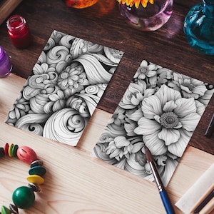 Floral Zen Doodle Coloring Pages Bundle – Abstract Flowers Printable Art for Relaxation & Creativity