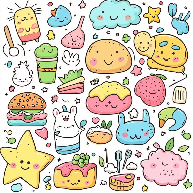 Pu&ograve; includere: Un'illustrazione di doodle colorata con una variet&agrave; di personaggi e oggetti carini, tra cui un hamburger, una stella, una nuvola, una torta, un coniglio e una fragola. L'illustrazione &egrave; disegnata in uno stile cartone animato con colori vivaci e linee semplici.