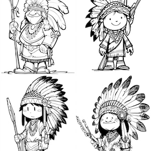 Disegni da colorare per bambini con i capi nativi americani: 5 PNG stampabili con sfondo bianco pulito, download digitale
