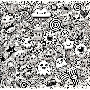 Black White Kawaii Doodle Pattern | Digital Download  Playful Cartoon Illustration Cute Monster & Sweet Treats | Seamless Design for Print