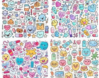 Kawaii Medical PNG Sticker Pack – 4 Cute Doodle Illustrations with Transparent Background – Printable Clipart for Health & Nurse Projects