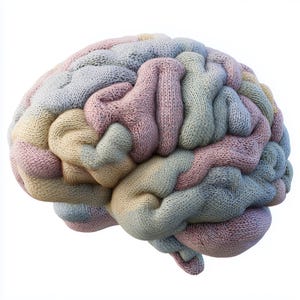 May include: A soft, knitted brain model in pastel colors, including pink, blue, yellow, and green. The brain's intricate folds and textures are clearly visible, offering a unique representation of the human brain.