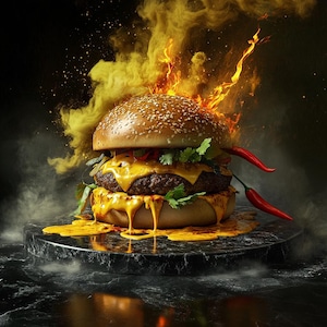 May include: A cheeseburger with melted cheese and chili peppers on a black plate with smoke and fire around it.