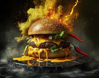 Flaming Burger Clipart Pack (3 Files) | High-Res PNG | Spicy Food Art | Printable Burger Art | Hot Food Clipart | Dark Background