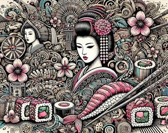 Japanese Geisha Art - Sushi and Floral Digital Illustration - High-Resolution Printable Wall Decor