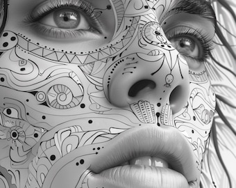 Highly Detailed Zentangle Art | Abstract Printable Wall Art |Surreal Face Illustration |Black and White Digital Download Instant Wall Decor
