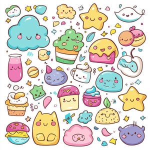 Pu&ograve; includere: Una collezione di illustrazioni di cartoni animati carini che presentano una variet&agrave; di personaggi e oggetti, tra cui nuvole, stelle, cupcake e una scatola di succo. Le illustrazioni sono disegnate in uno stile luminoso e colorato, con un'atmosfera fantasiosa e giocosa.