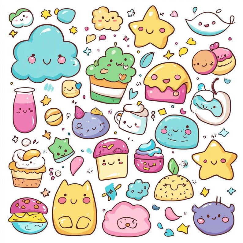 Pu&ograve; includere: Una collezione di illustrazioni di cartoni animati carini che presentano una variet&agrave; di personaggi e oggetti, tra cui nuvole, stelle, cupcake e una scatola di succo. Le illustrazioni sono disegnate in uno stile luminoso e colorato, con un'atmosfera fantasiosa e giocosa.