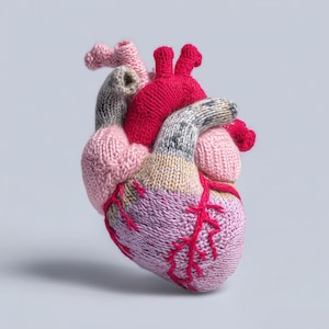 May include: A handmade, knitted anatomical heart in shades of pink, red, gray, and beige. The heart features detailed stitching to represent veins and arteries. The soft sculpture is a unique piece of art.