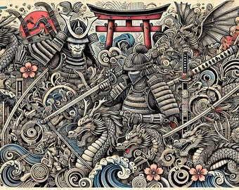 Samurai Battle Doodle Art – Digital Illustration, Japanese Warrior Design, Printable Wall Art, Tattoo & Apparel Idea