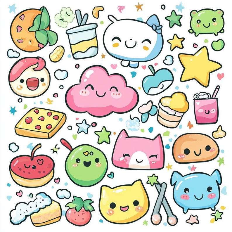Pu&ograve; includere: Un'illustrazione colorata con una variet&agrave; di personaggi e oggetti di cartoni animati carini, tra cui una nuvola, un gatto, una fragola, una torta, una pizza, una bevanda e una stella. L'illustrazione &egrave; realizzata in uno stile luminoso e allegro.