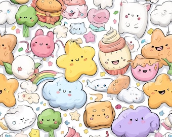 Kawaii Cartoon Pattern PNG Bundle – Cute Clouds, Stars, Food & Funny Faces – 5 Digital Papers – 4000x4000 px, 300 DPI