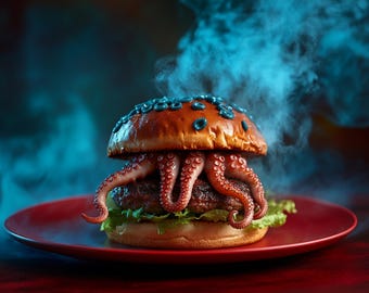 Kraken Burger Clipart High Resolution PNG Spooky Food Art Printable Burger Art Tentacle Burger Clipart Sea Monster Food Art