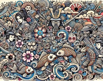 Samurai and Koi Battle - Japanese Warrior Art Samurai Zentangle Art | Intricate Japanese Doodle Illustration | Digital Download | Wall Art
