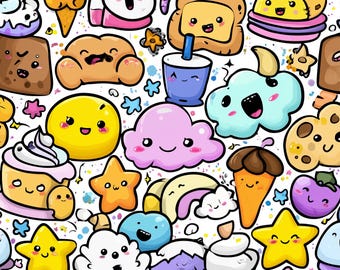 Kawaii Cartoon Pattern PNG Bundle – Funny Food, Stars & Clouds – 5 Digital Papers – 4000x4000 px, 300 DPI – Instant Download