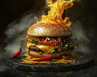 Inferno Blaze Burger Clipart High Resolution PNG Spicy Food Art Printable Burger Art Hot Food Art Junk Food Clipart
