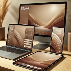 Pode incluir: Um computador desktop, um laptop, um tablet e um smartphone, todos exibindo o mesmo fundo abstrato com um design curvo e em camadas em tons de marrom. O horário é exibido em cada dispositivo.
