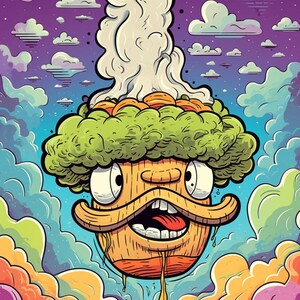 Puede incluir: Un personaje de dibujos animados con una afro verde, un cuerpo naranja y marrón y un gran bigote flota en un cielo morado, azul y naranja con nubes blancas. El personaje tiene una expresión de sorpresa y está goteando una sustancia amarilla.