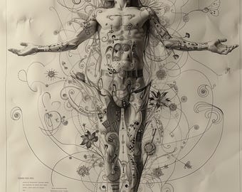 Vitruvian Man Zentangle Art | Renaissance-Inspired Printable Wall Art | High-Resolution Digital Download | Sacred Geometry & Alchemy Art