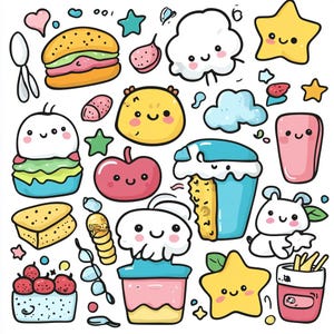 Pu&ograve; includere: Un'illustrazione colorata con vari personaggi e oggetti di cartoni animati carini, tra cui un hamburger, una nuvola, una stella, un cupcake, una mela, un orso e una tazza di patatine fritte. L'illustrazione &egrave; disegnata in uno stile fantasioso con colori vivaci e dettagli giocosi.