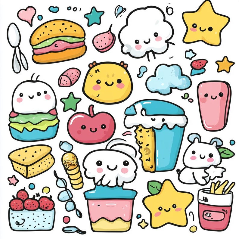 Pu&ograve; includere: Un'illustrazione colorata con vari personaggi e oggetti di cartoni animati carini, tra cui un hamburger, una nuvola, una stella, un cupcake, una mela, un orso e una tazza di patatine fritte. L'illustrazione &egrave; disegnata in uno stile fantasioso con colori vivaci e dettagli giocosi.