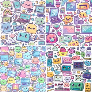 Può includere: Un'illustrazione digitale colorata con una varietà di simpatici dispositivi tecnologici in stile cartone animato. Laptop, tablet, telefoni e altri gadget sono raffigurati con facce sorridenti e colori pastello, creando un design giocoso.