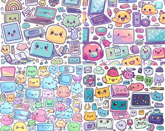 かわいいテッククリップアート集 – 背景が透明な、ITをテーマにしたかわいいPNGファイル4点 – デジタルデバイス、ガジェット、コンピューターアイコン