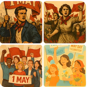 Könnte beinhalten: Vier Illustrationen, die Mai-Feiertage darstellen. Das erste Bild zeigt einen Mann, der eine rote Flagge mit dem Wort "MAY" hält. Das zweite Bild zeigt eine Frau, die eine rote Flagge hält und eine Gruppe von Menschen anführt. Das dritte Bild zeigt eine Gruppe von Menschen, die ein Banner mit der Aufschrift "1 MAY" halten. Das vierte Bild zeigt eine Gruppe von Menschen, die Flaggen und Banner mit den Worten "SOLIDARITY" und "MAY DAY CELEBRATION" halten.