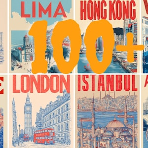 Puede incluir: Una colección de carteles de viaje que presentan paisajes urbanos icónicos. Los carteles muestran ciudades como Varsovia, Roma, Londres y Ámsterdam, con el número "100+" en el centro. Cada cartel tiene una estética vintage con esquemas de color rojo y azul.