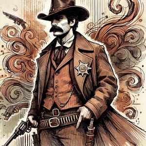 Puede incluir: Un dibujo de un hombre con un sombrero de vaquero marrón, un abrigo marrón, un chaleco rojo y una placa de sheriff. Sostiene una pistola en su mano derecha y un cuchillo en su mano izquierda. El fondo es una acuarela marrón y blanca.