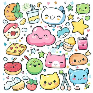 Pu&ograve; includere: Un'illustrazione colorata con una variet&agrave; di personaggi e oggetti di cartoni animati carini, tra cui una nuvola, un gatto, una fragola, una fetta di pizza, una torta, una bevanda e una stella. L'illustrazione &egrave; realizzata in uno stile luminoso e allegro.