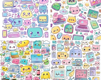 キュートでカワイイテック落書きPNGバンドル – 4つのデジタルファイル、透明な背景、笑顔のガジェット、愛らしいデバイスのクリップアートパック