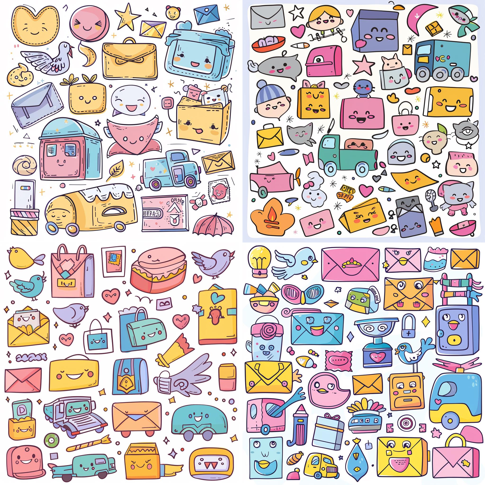 Kawaii Mail Clipart Bundle – 4 urocze pliki pocztowe PNG z przezroczystym tłem – naklejki do wydrukowania, listy i ikony dostaw