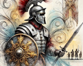 Roman Legionary Digital Art - Gladiator Warrior Sketch - Ancient Rome Wall Print - Printable Historical Art