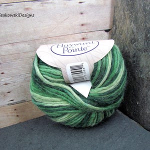 May include: A ball of green and white variegated yarn with a label that reads "Hayward Pointe." The yarn is a mix of light and dark green shades. The background is a wooden surface and a gray stone.