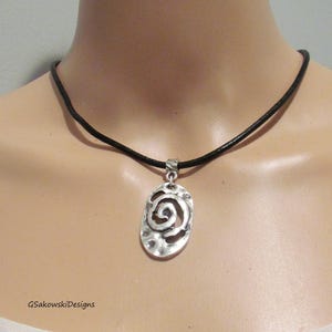 Spiral Hammered Pendant Leather Choker Necklace Modern Minimalist Scroll Pendant Choker Necklace - choose your length and leather color