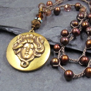 Crochet Beads Art Nouveau Girl Locket Necklace Antique Brass Locket Freshwater Pearls Czech Glass Beads Art Nouveau Boho Locket Necklace