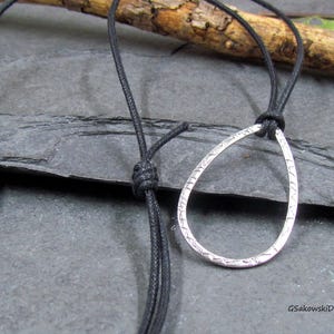 Hammered Teardrop Pendant Necklace Modern Silver Waterdrop Geometric Short Long Pendant Necklace on Adjustable Black Cord Boho Necklace