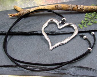 Large Heart Pendant Necklace Boho Large Open Heart Long Necklace Silver Heart Pendant on Leather Cord Necklace
